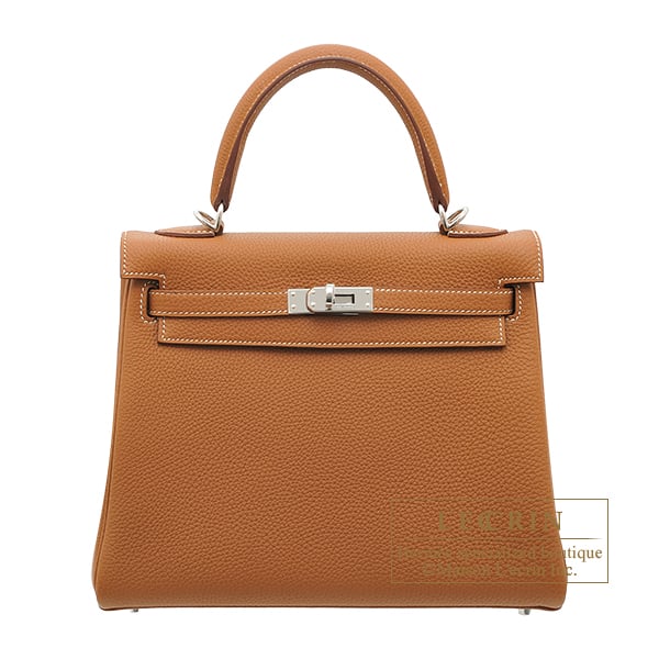 Hermes Kelly bag 25 Retourne Gold Togo leather Silver hardware