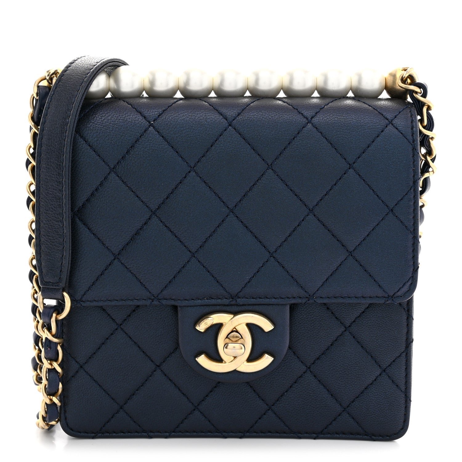 Chanel Iridescent Lambskin Quilted Chic Pearls Flap  Navy Blue