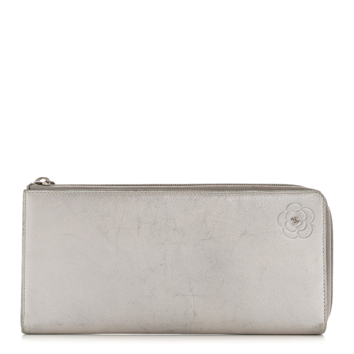 Chanel Metallic Goatskin Camellia Embossed Zip Around Wallet Silver