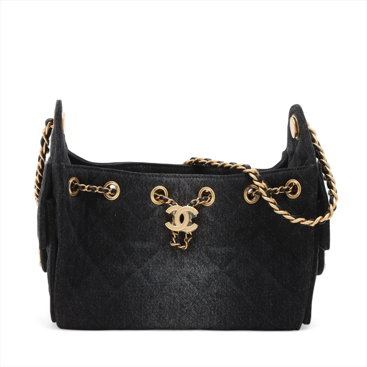 Chanel Chanel 25 Mini Denim Chain Shoulder Bag Black Gold Metal Fittings random