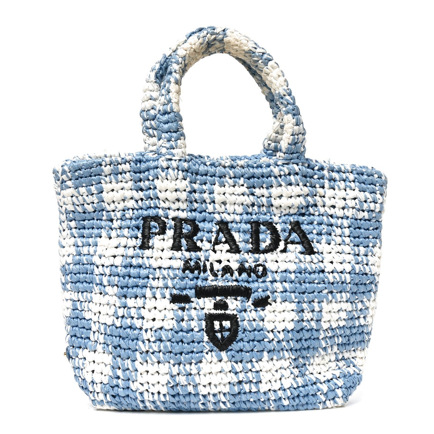 Prada Yarn Raffia Effect Crochet Embroidered Small Logo Tote Celeste