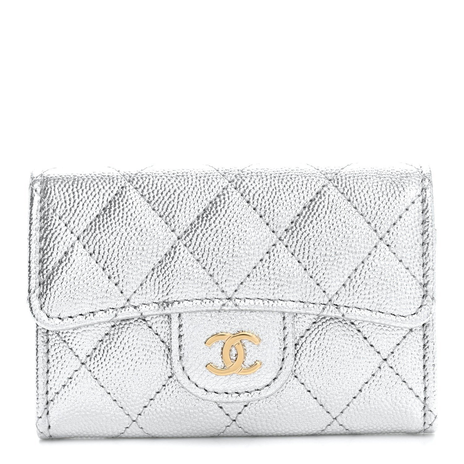 Chanel Metallic Caviar Quilted Flap Card Holder Wallet Silvery