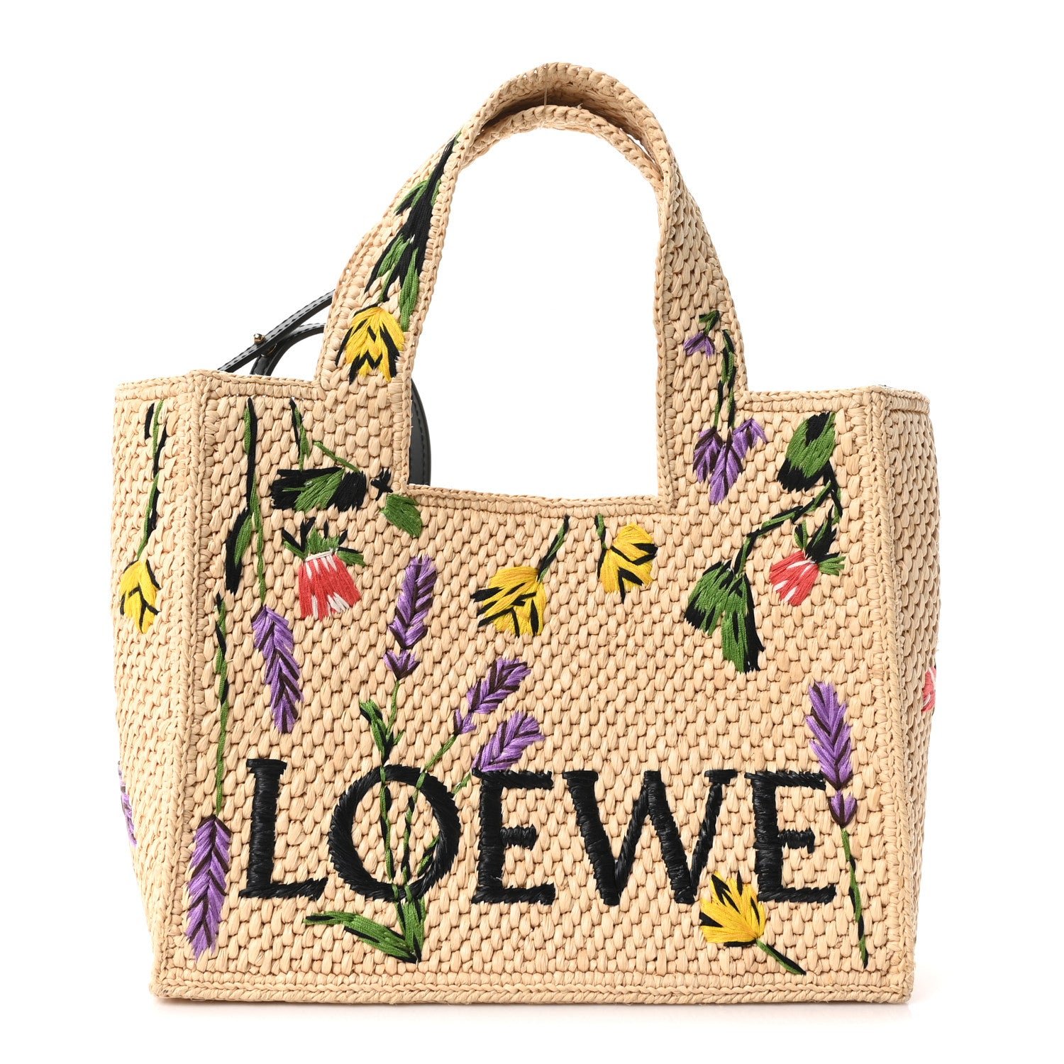 Loewe X PAULA'S IBIZA Raffia Floral Embroidered Small Font Tote Natural Tan Multicolor
