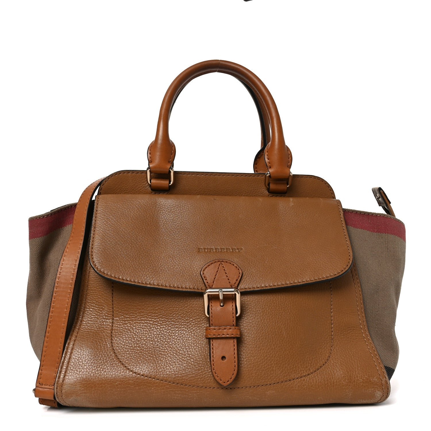 Burberry Mega Check Grained Calfskin Medium Harcourt Satchel Saddle Brown
