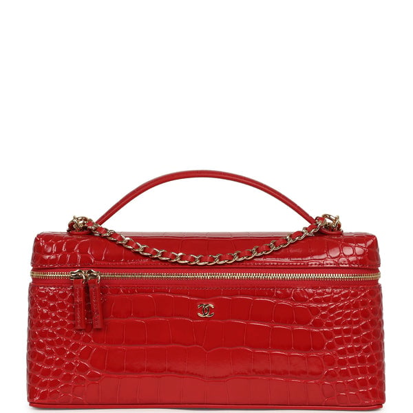 Chanel Large East West Top Handle Long Vanity Case with Chain Dark Red Croc Embossed Calfskin Gold Hardware