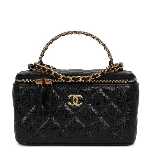 Chanel Small Top Handle Vanity Case Black Caviar Antique Gold Hardware
