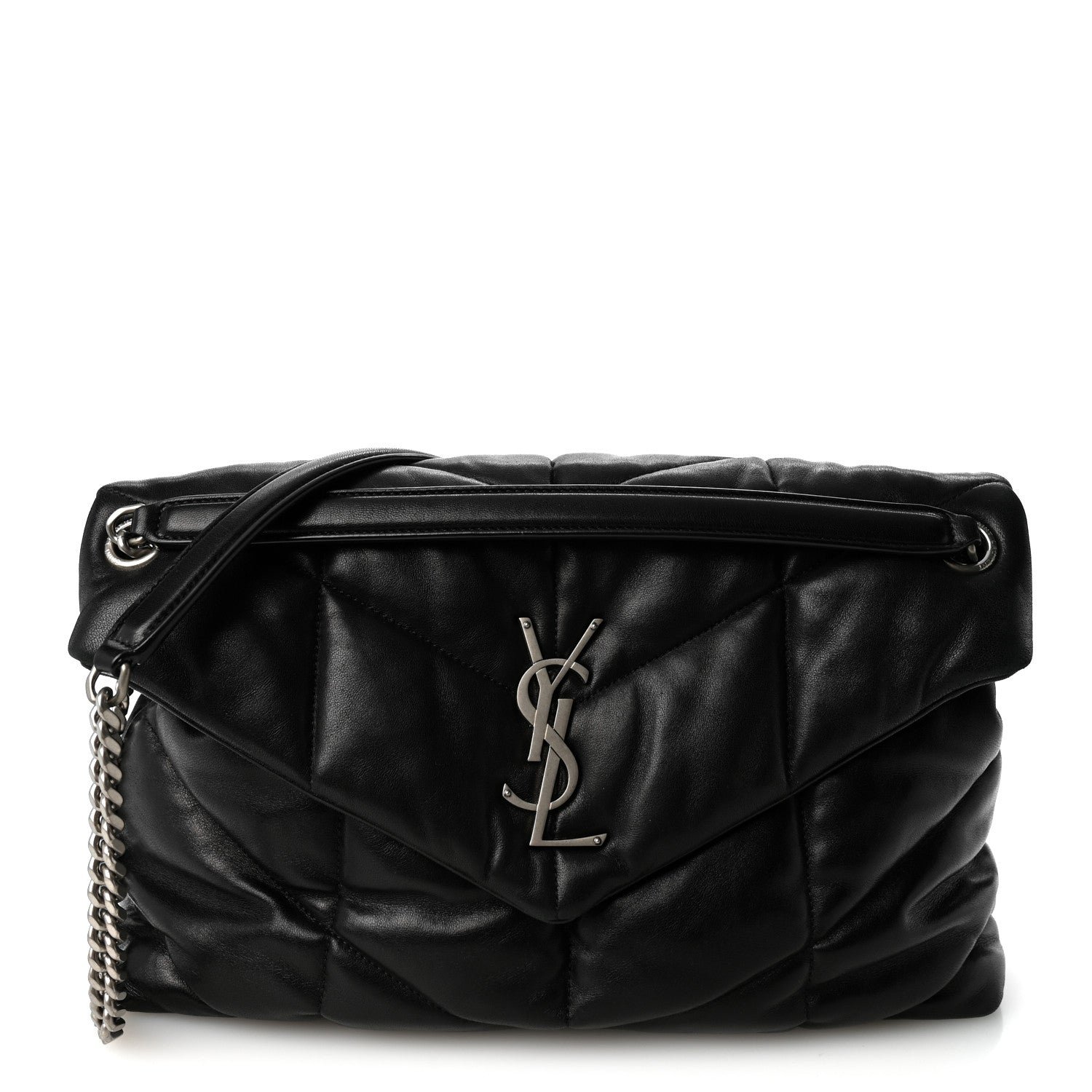 Saint Laurent Lambskin Quilted Medium Loulou Puffer Monogram Chain Satchel Black