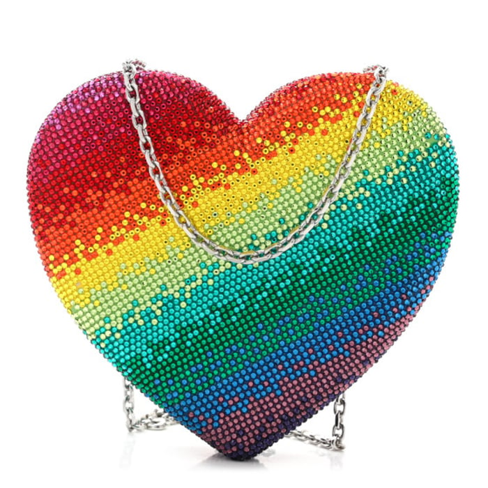 Judith Leiber Crystal Rainbow Heart Minaudiere Clutch Silver Multicolor