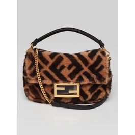 Fendi Fendi Tan/Black Shearling Macro FF 1974 Diagonal Mini Baguette Crossbody Bag 8BS017