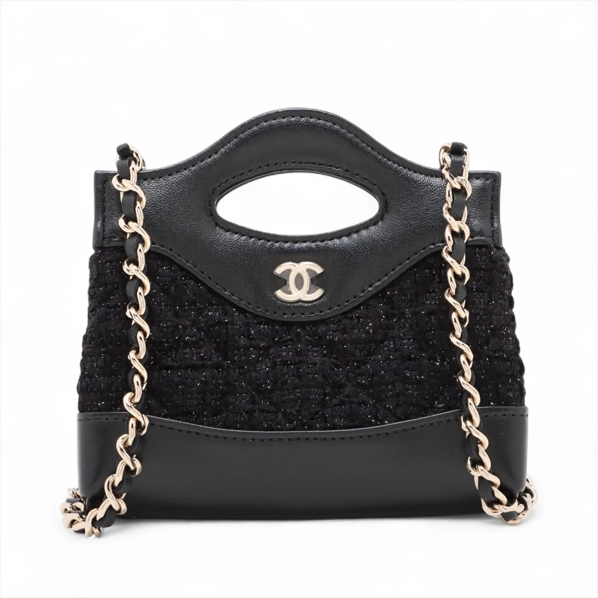 Chanel Matelasse tweed x lambskin Chain Shoulder Bag Black Gold Metal Fittings r