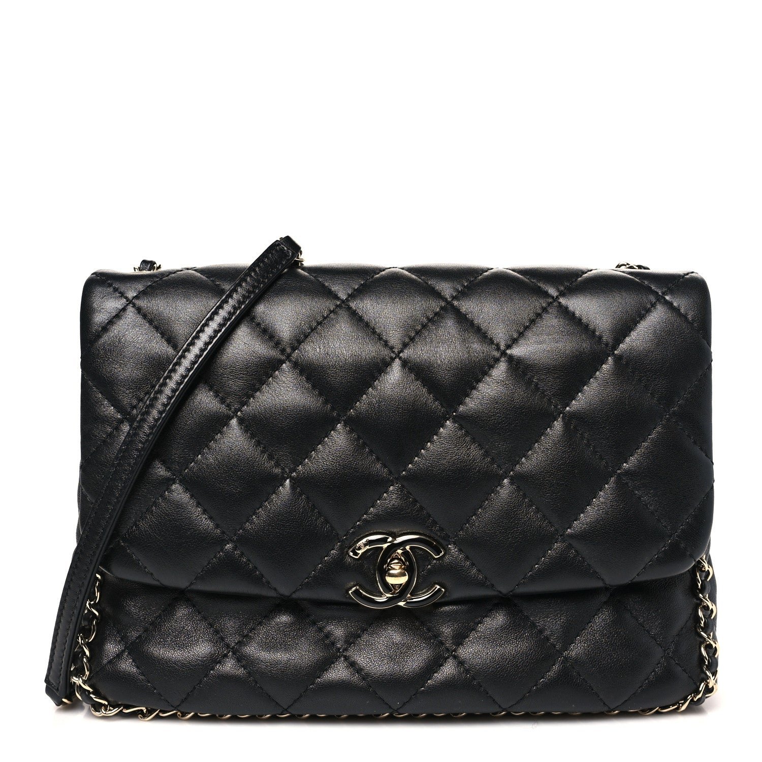 Chanel Lambskin Quilted Enamel CC Chain Frame Flap Black