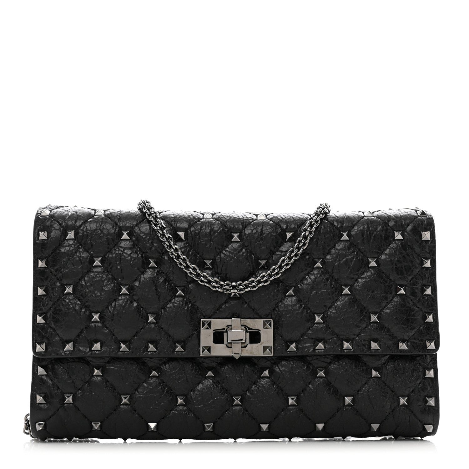 Valentino Garavani Craquele Nappa Rockstud Spike Wallet on Chain Black