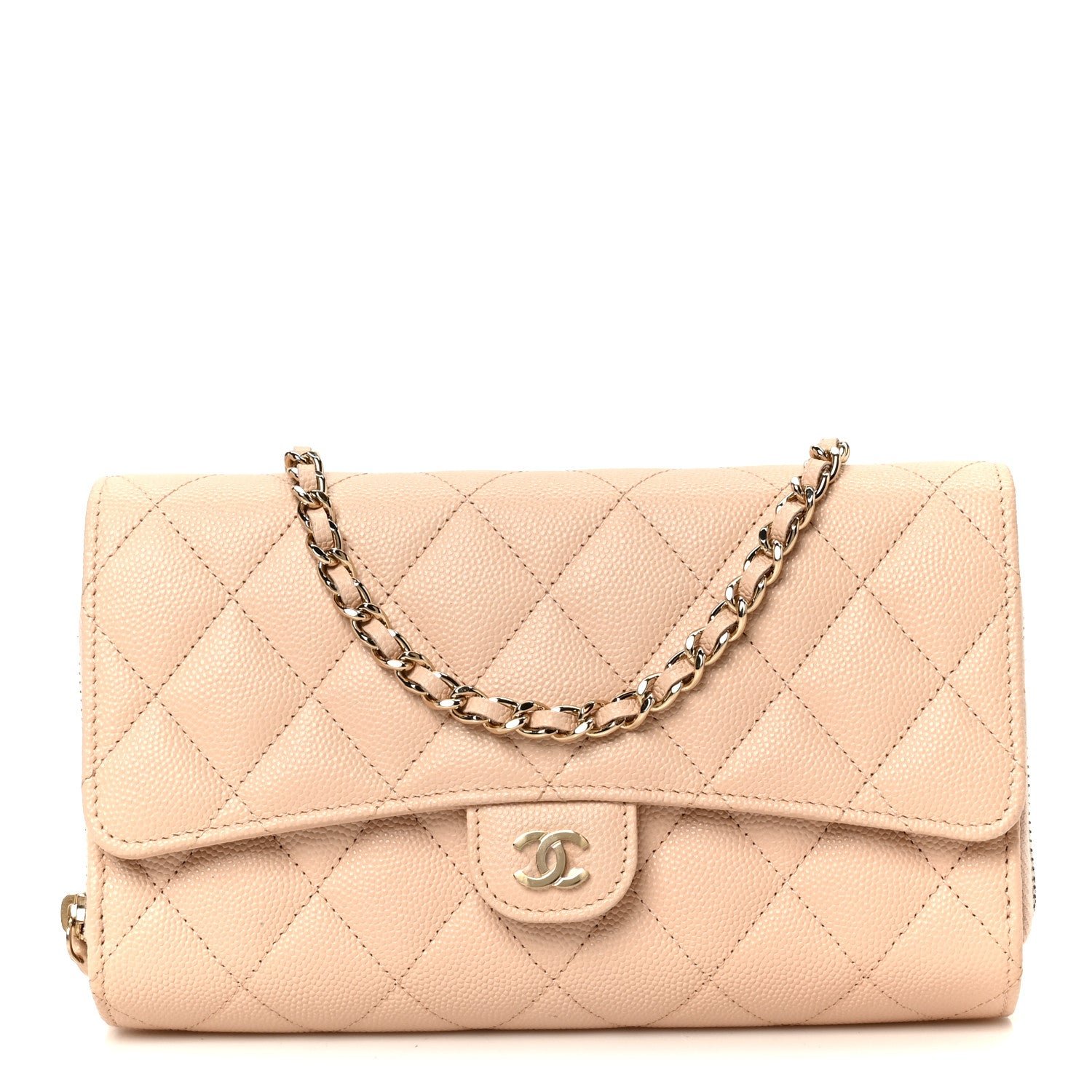 Chanel Caviar Quilted Phone Holder Wallet on Removable Chain Light Beige