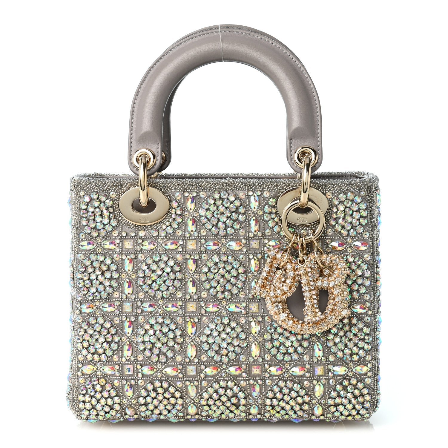 Christian Dior Calfskin Satin Celestial Bead Embroidery Embroidered Small Lady Dior Grey Multicolor