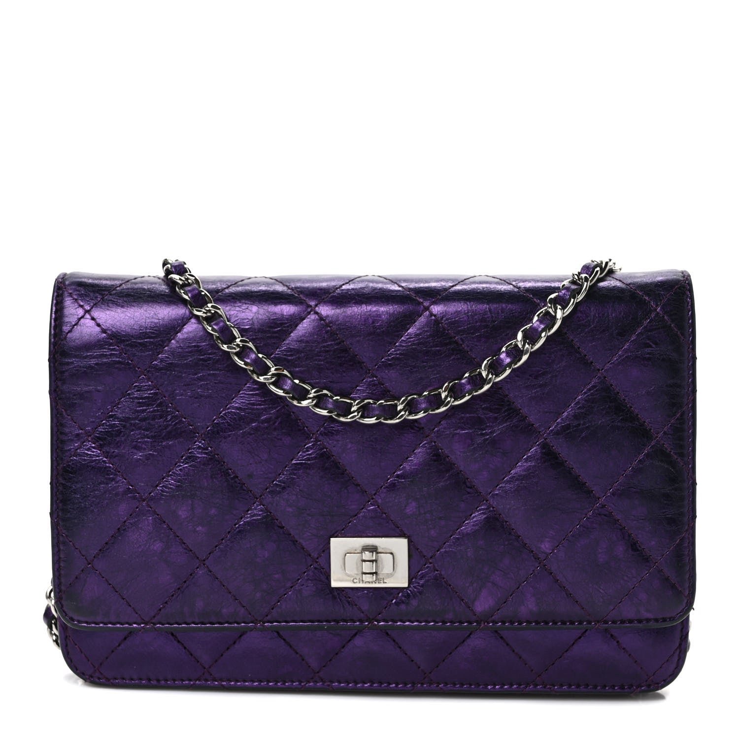 Chanel Metallic Aged Calfskin Quilted 2.55 Reissue Wallet on Chain WOC Purple