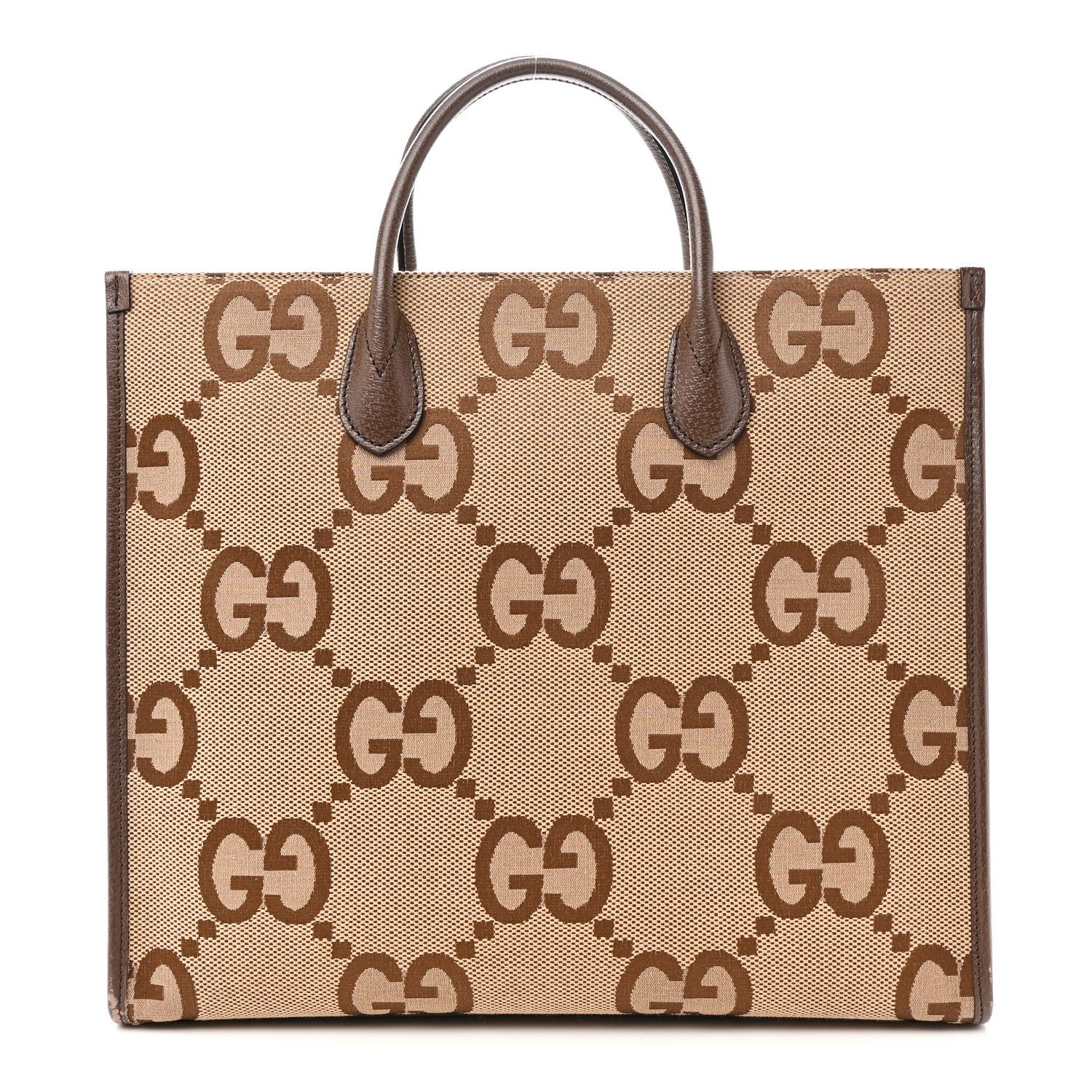 Gucci Monogram Jumbo GG Textured Dollar Calfskin Web Tote Bag Camel Ebony New Acero