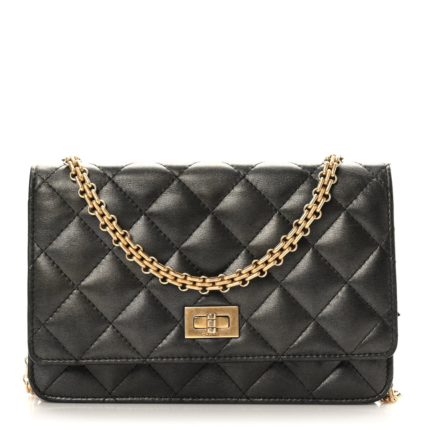 Chanel Metallic Calfskin Quilted 2.55 Reissue Wallet On Chain WOC Grey