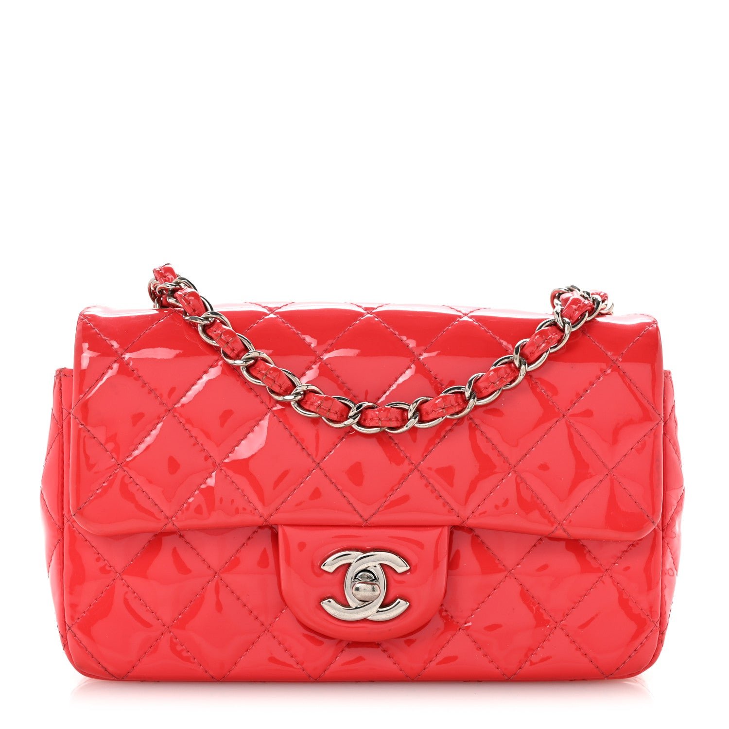 Chanel Patent Calfskin Quilted Mini Rectangular Flap Coral