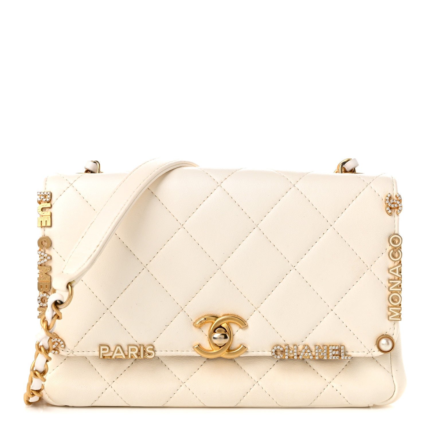 Chanel Lambskin Enamel Strass Quilted Mini Paris Monaco Flap White