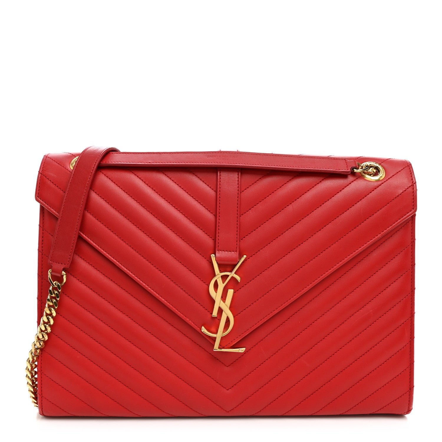 Saint Laurent Smooth Calfskin Matelasse Chevron Large Monogram Satchel Lipstick Red