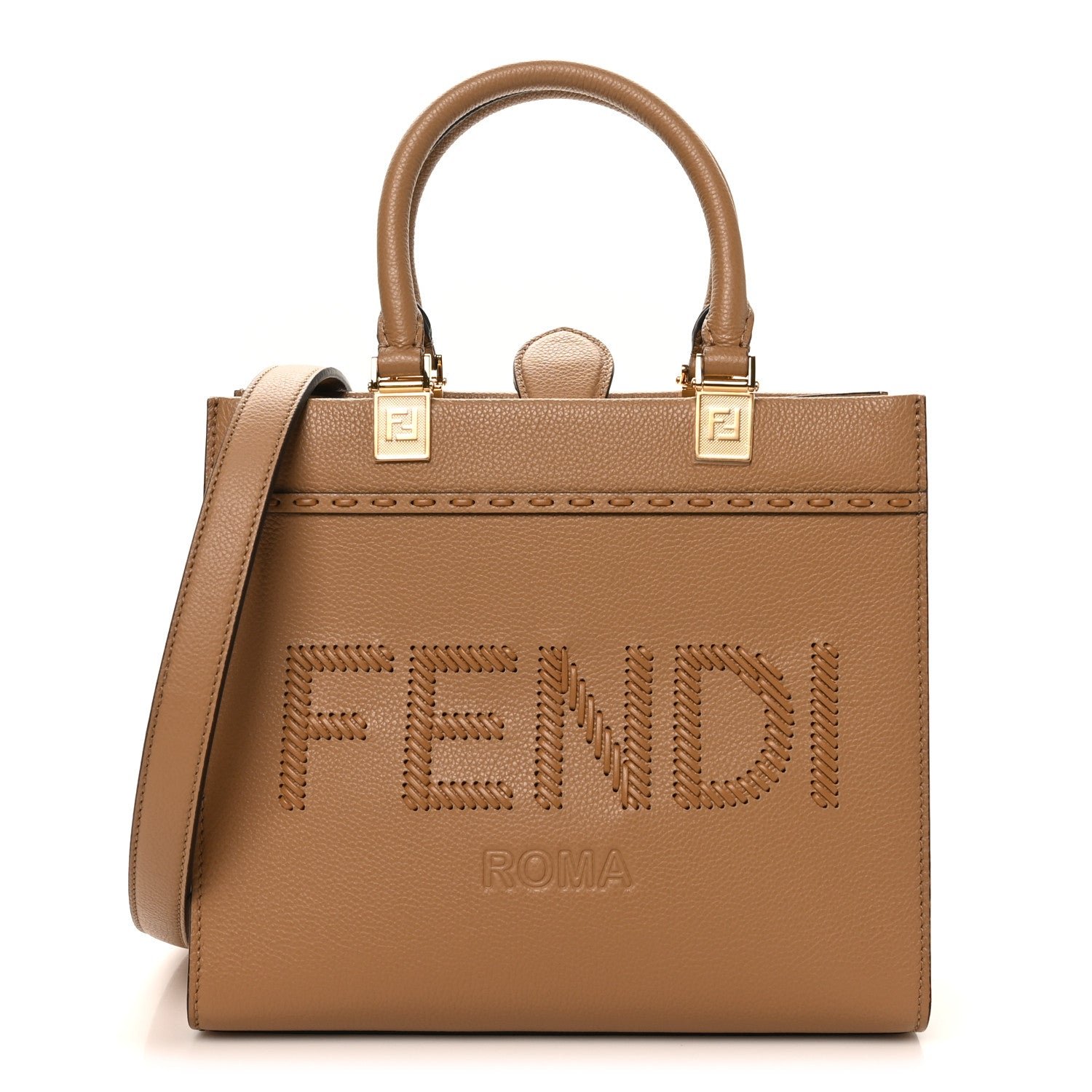 Fendi Vitello Santa Barbara Woven Logo Small Fendi Sunshine Shopper Tote Cappucino