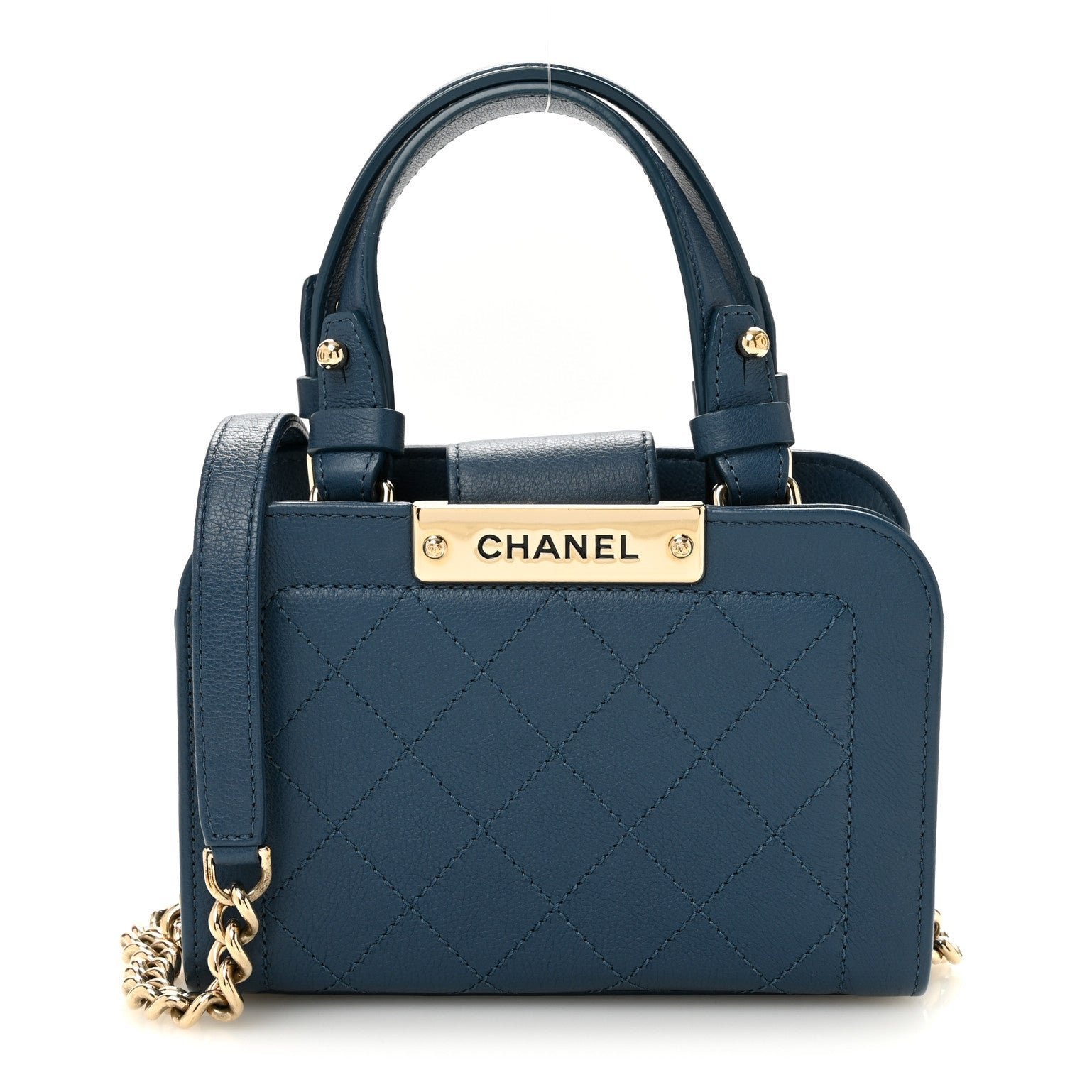 Chanel Grained Calfskin Stitched Mini Label Click Shopper Tote Blue