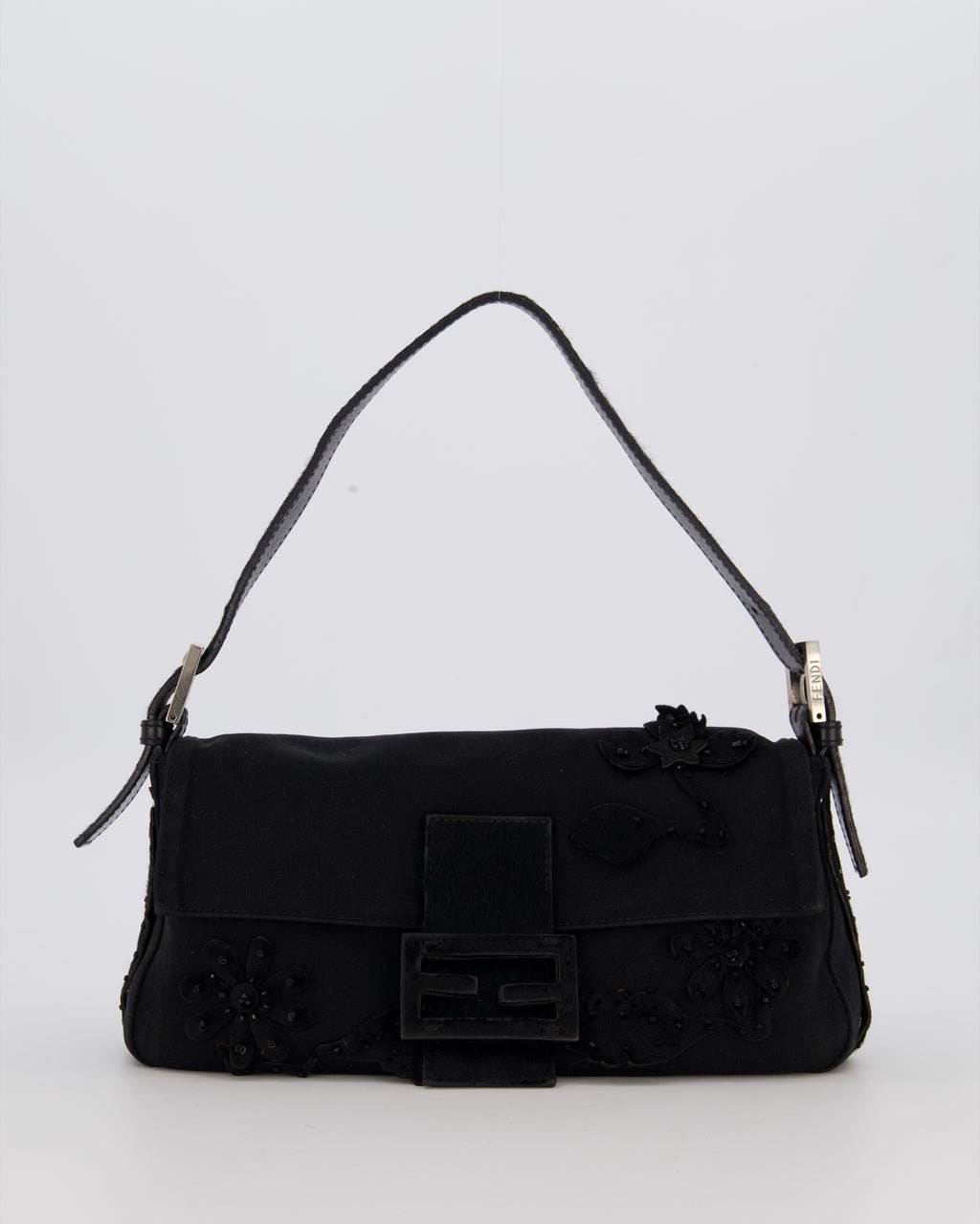 Fendi Black Baguette Floral Appliqué Shoulder Bag in Fabric & Pony Hair with Silver Hardware
