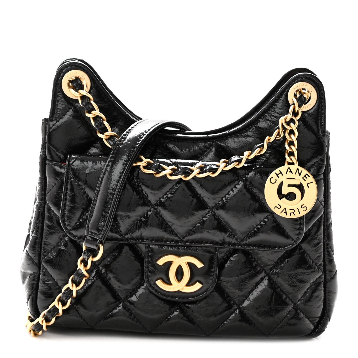 Chanel Shiny Crumpled Calfskin Quilted Small Wavy CC Hobo Black