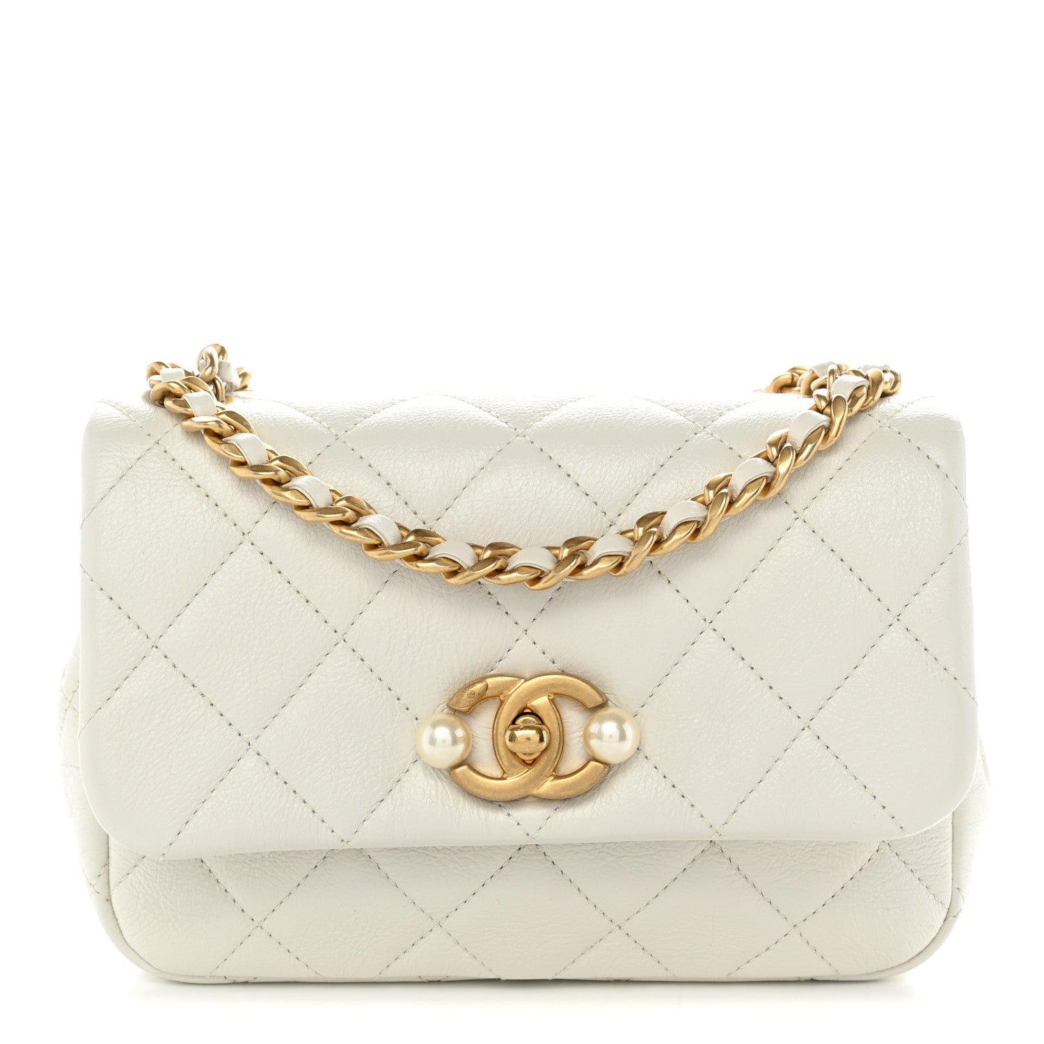 Chanel Glazed Calfskin Quilted Mini Pearl Side Flap White