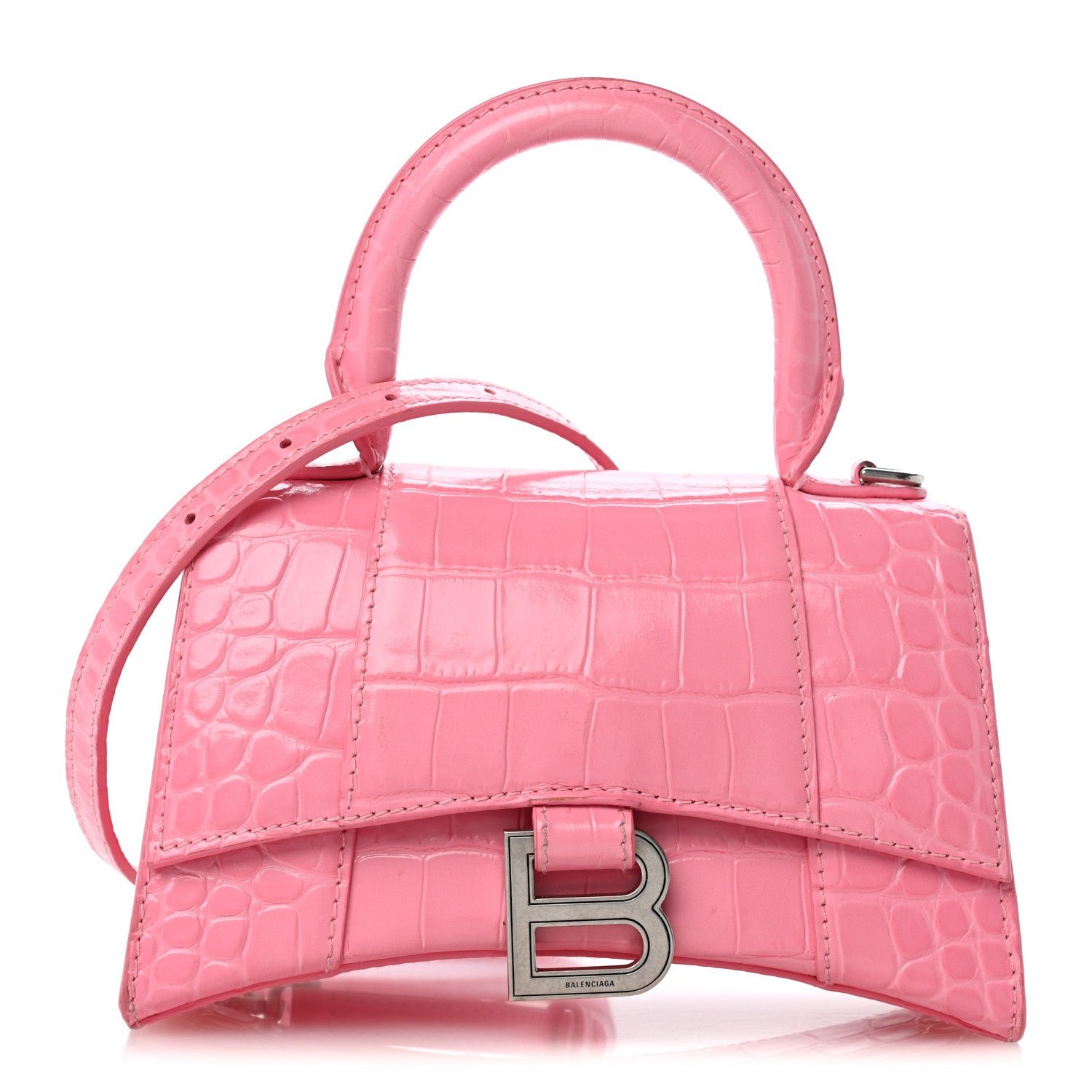 Balenciaga Shiny Calfskin Crocodile Embossed Hourglass Top Handle Bag XS Sweet Pink