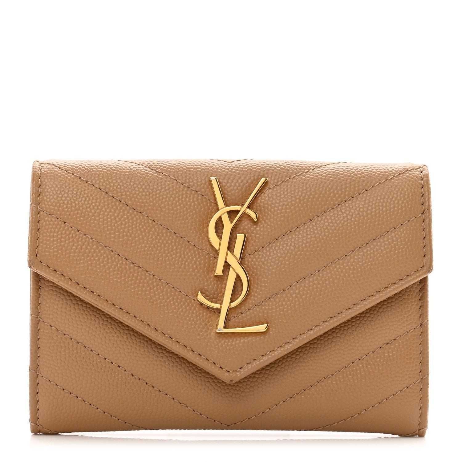 Saint Laurent Grain De Poudre Matelasse Chevron Small Monogram Envelope Wallet Dune