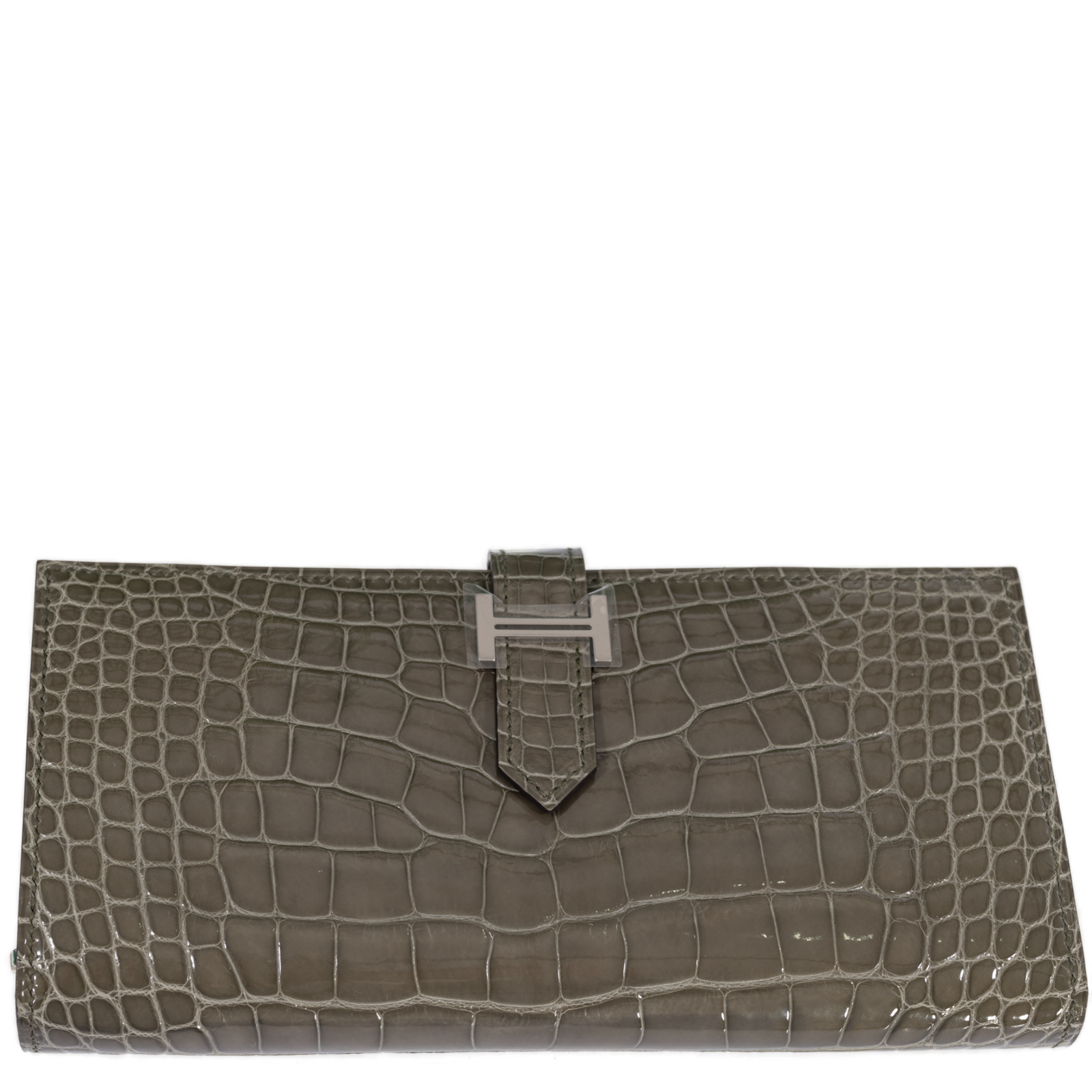 Hermès Béarn Soufflet Gris Ciment Shiny Alligator Palladium Hardware
