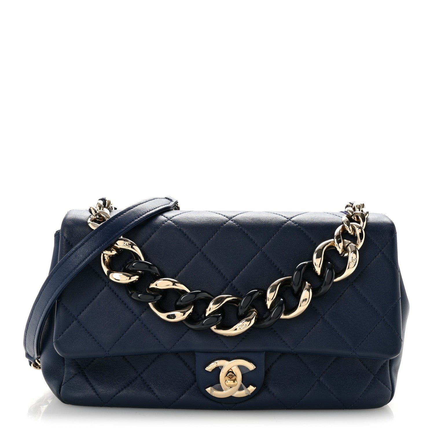 Chanel Lambskin Quilted Resin Bi-Color Chain Flap Bag Navy