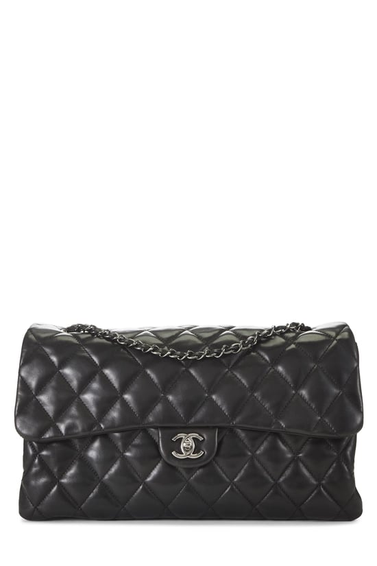 Black Calfskin Accordion Flap Bag Large