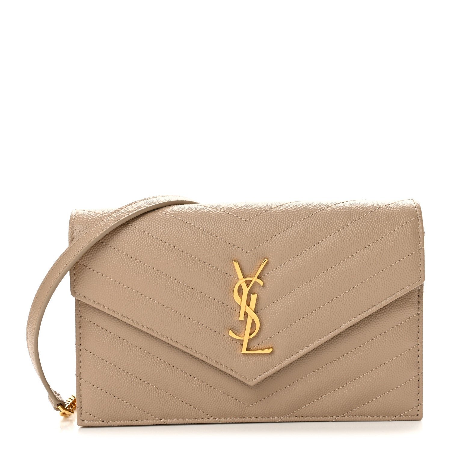 Saint Laurent Grain De Poudre Matelasse Chevron Monogram Envelope Chain Wallet Dark Beige