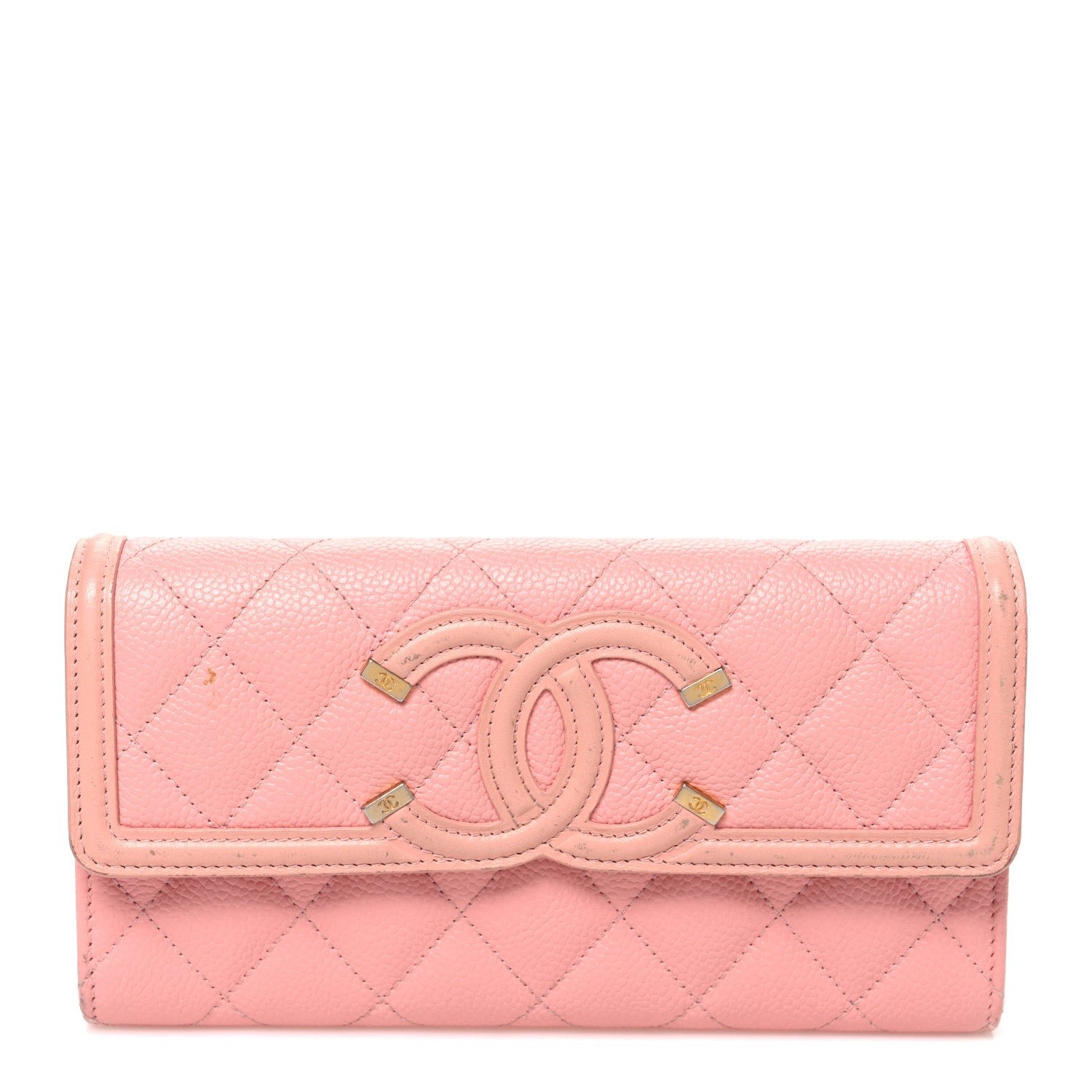 Chanel Caviar Quilted Large Filigree Gusset Flap Wallet Pink