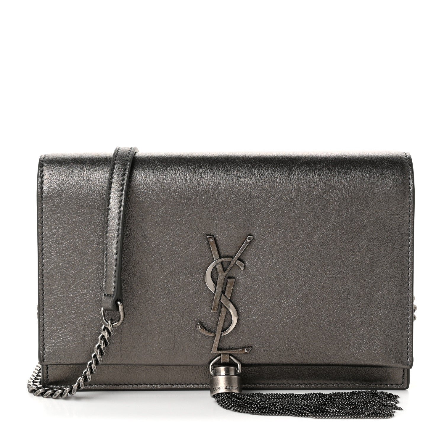 Saint Laurent Metallic Smooth Calfskin Classic Monogram Kate Tassel Chain Wallet Grey