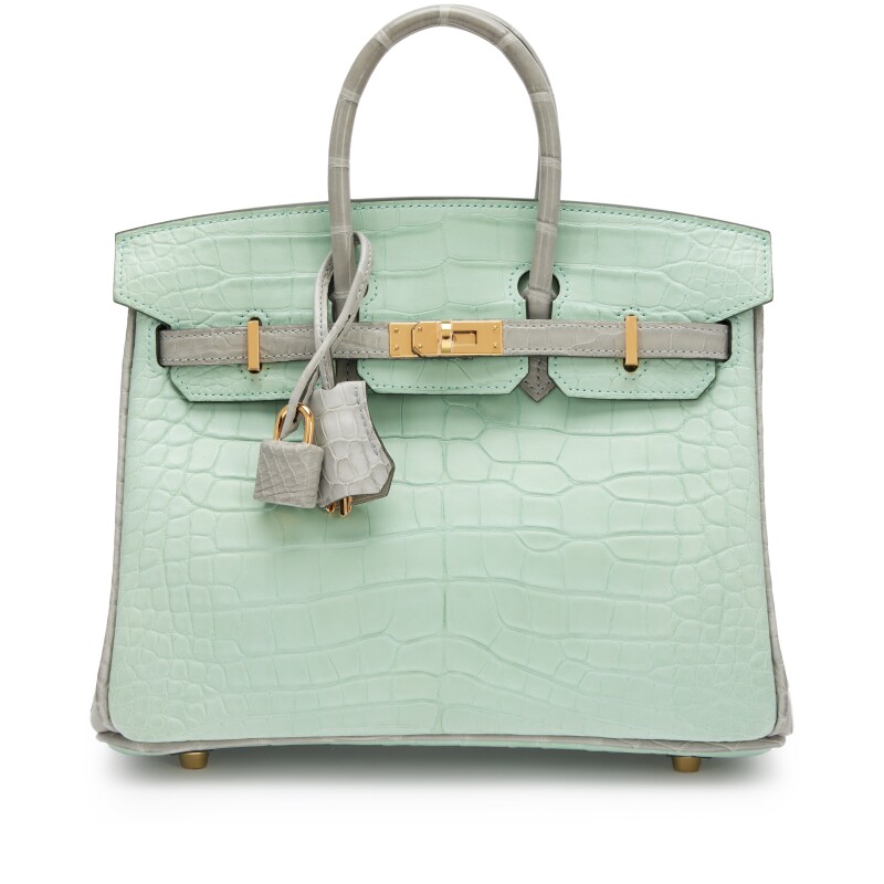 Hermes Vert D'Eau and Gris Perle Matte Alligator Birkin 25 Gold Hardware, 2022