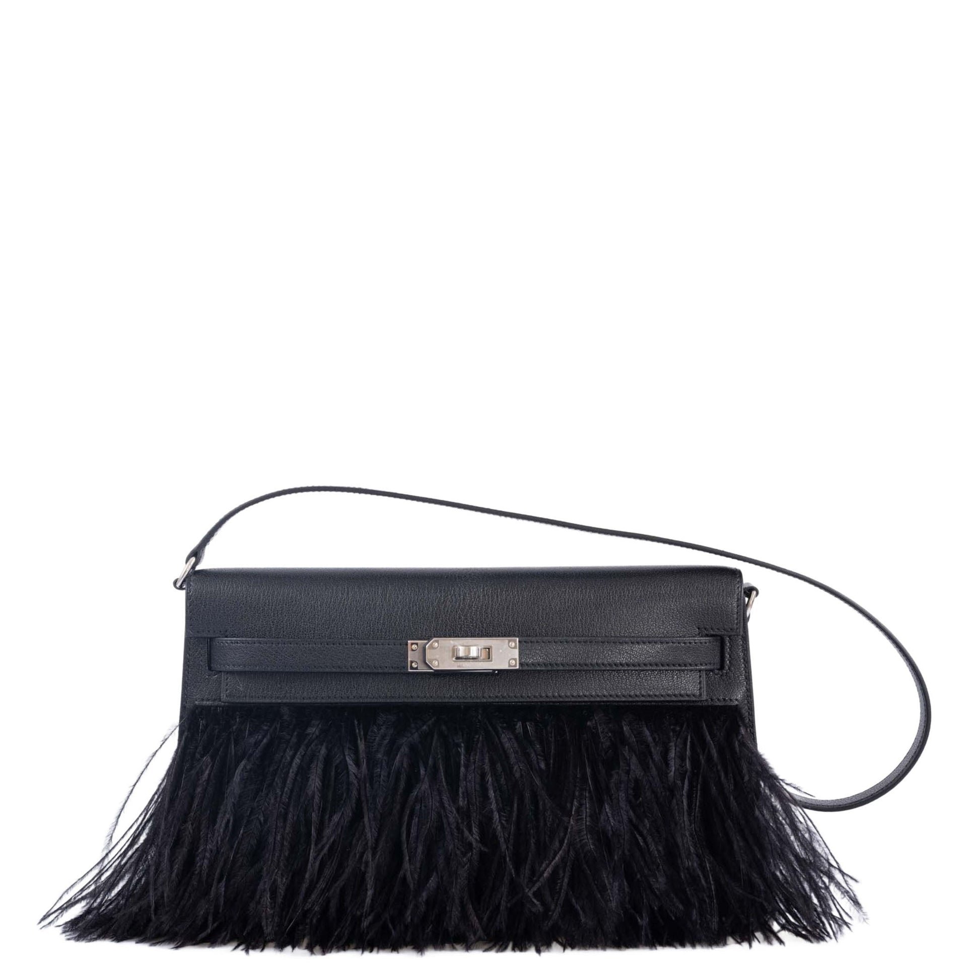 Hermes Hermès Kelly Élan 28 "Plumes" Black Ostrich Feather &amp; Chèvre Chamkila Palladium Hardware