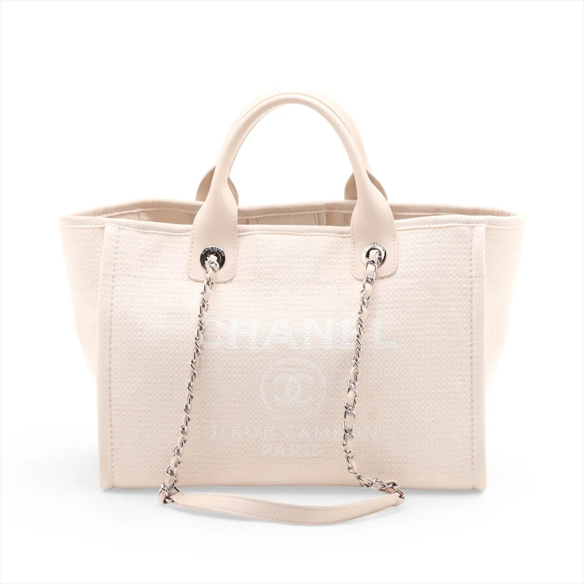Chanel Deauville MM Canvas & Leather 2 Way Tote Bag Ivory Silver Metal Fittings