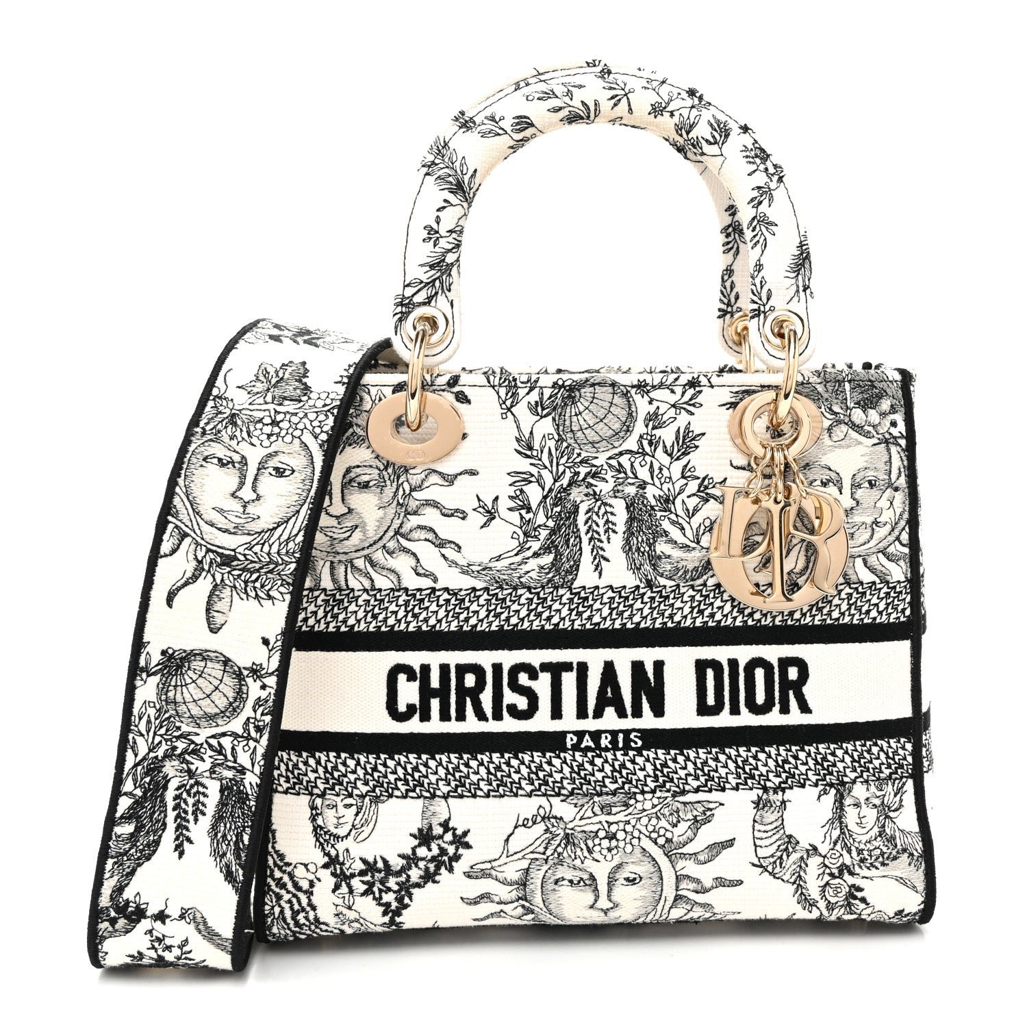 Christian Dior Canvas Embroidered Toile De Jouy Soleil Medium Lady D-Lite Latte
