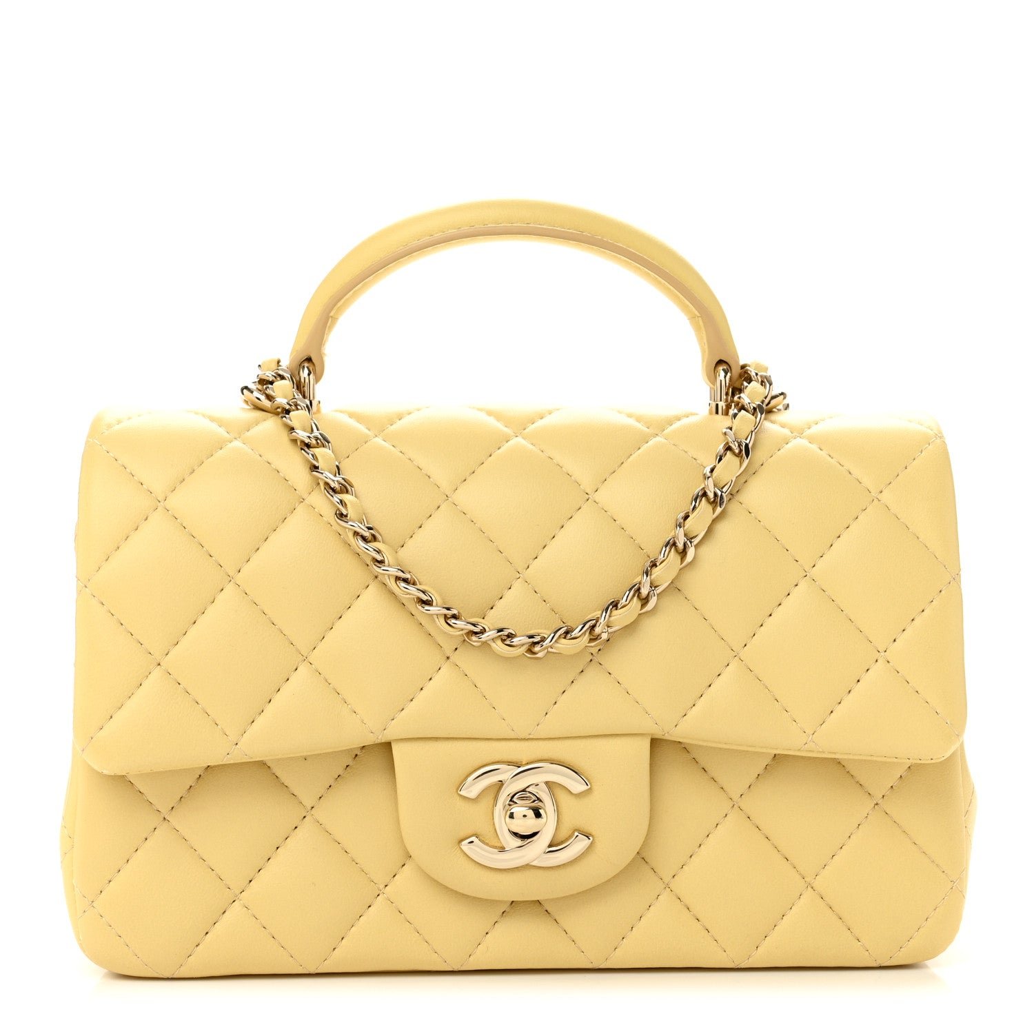 Chanel Lambskin Quilted Mini Top Handle Rectangular Flap Yellow