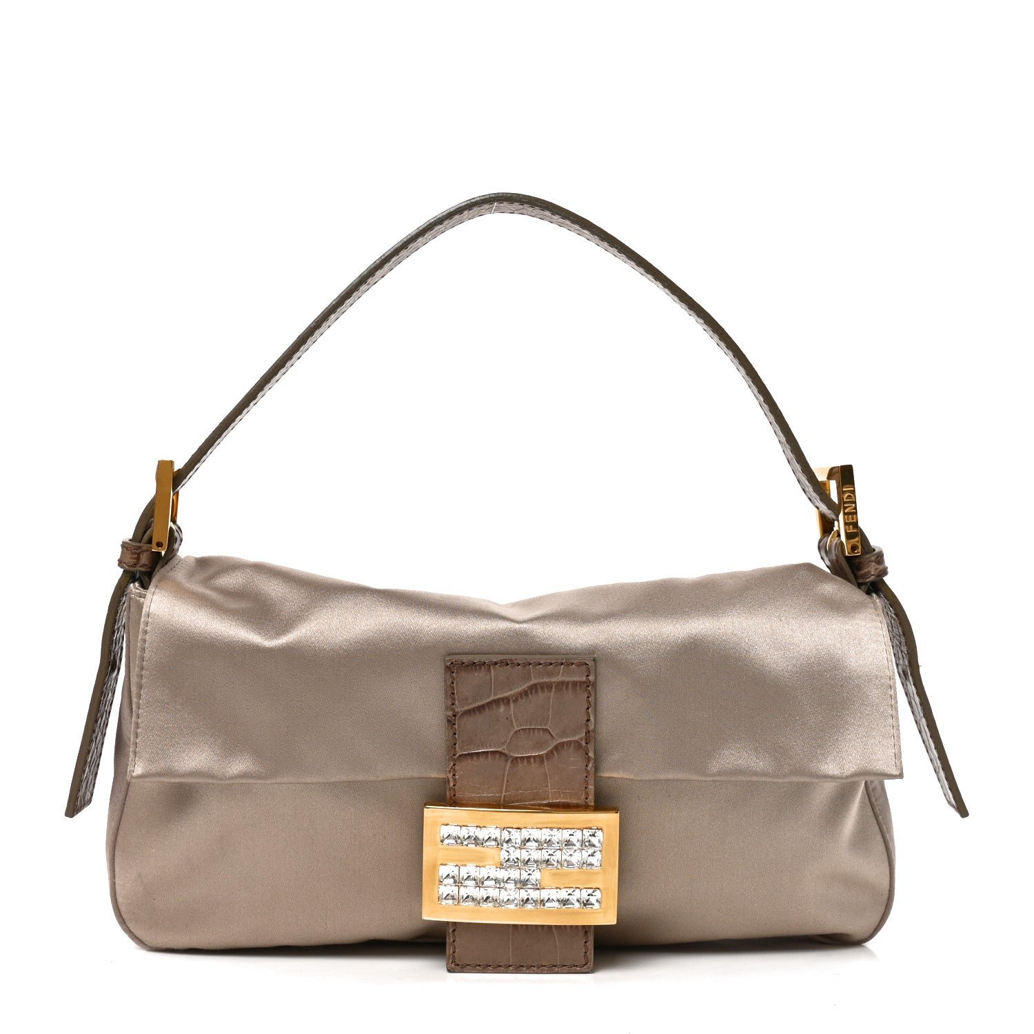 Fendi Satin Calfskin Crystal Crocodile Embossed Baguette Grey