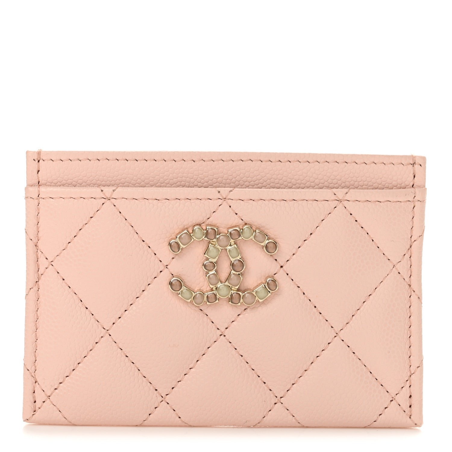 Chanel Shiny Caviar Enamel Quilted CC Card Holder Light Pink