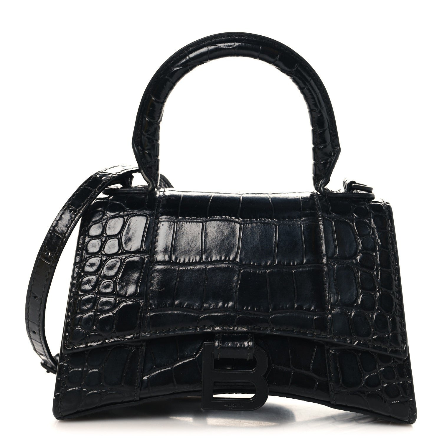 Balenciaga Shiny Calfskin Monochrome Crocodile Embossed Small Hourglass Top Handle Bag Black