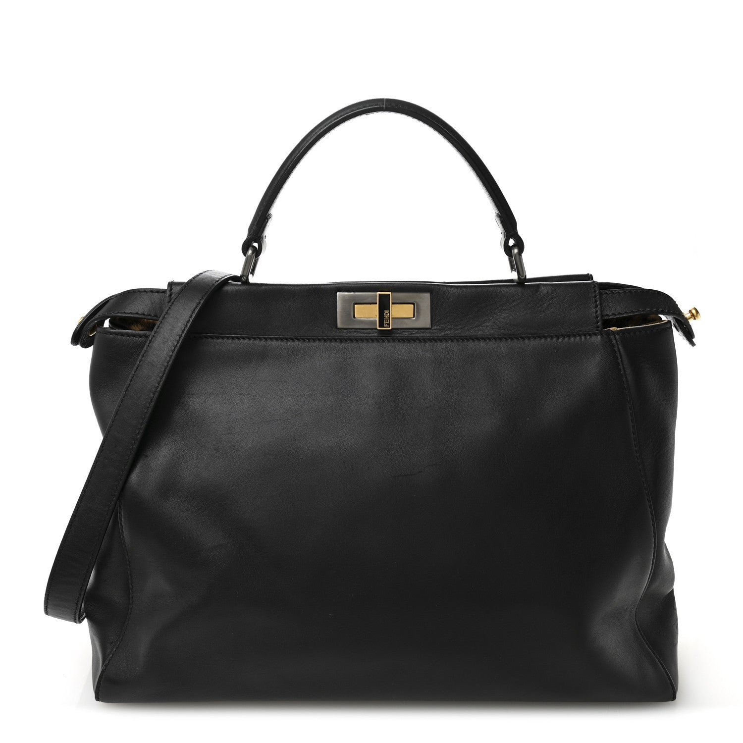 Fendi Calfskin Calf Hair Leopard Print Large Peekaboo Iconic Satchel Black