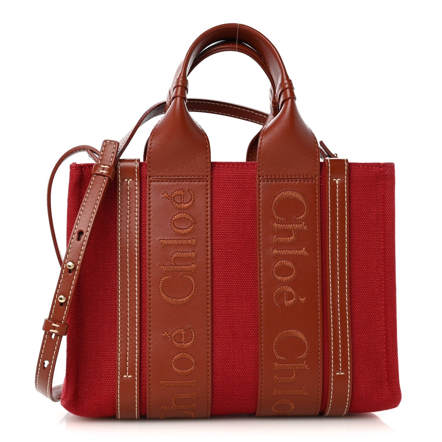 Chloe Cotton Calfskin Small Woody Ribbon Tote With Strap Dark Red