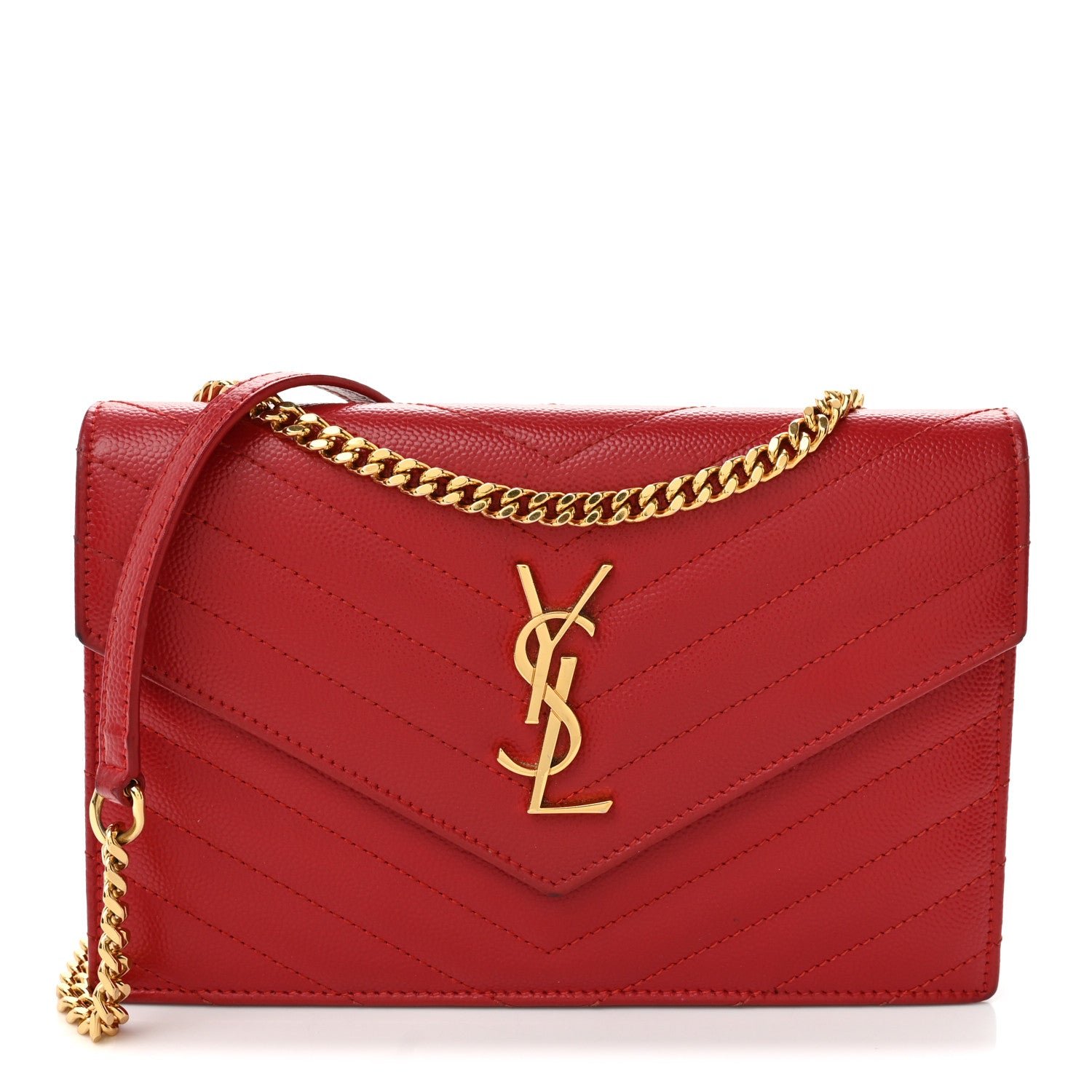 Saint Laurent Grain De Poudre Matelasse Chevron Monogram Envelope Chain Wallet Rouge Eros