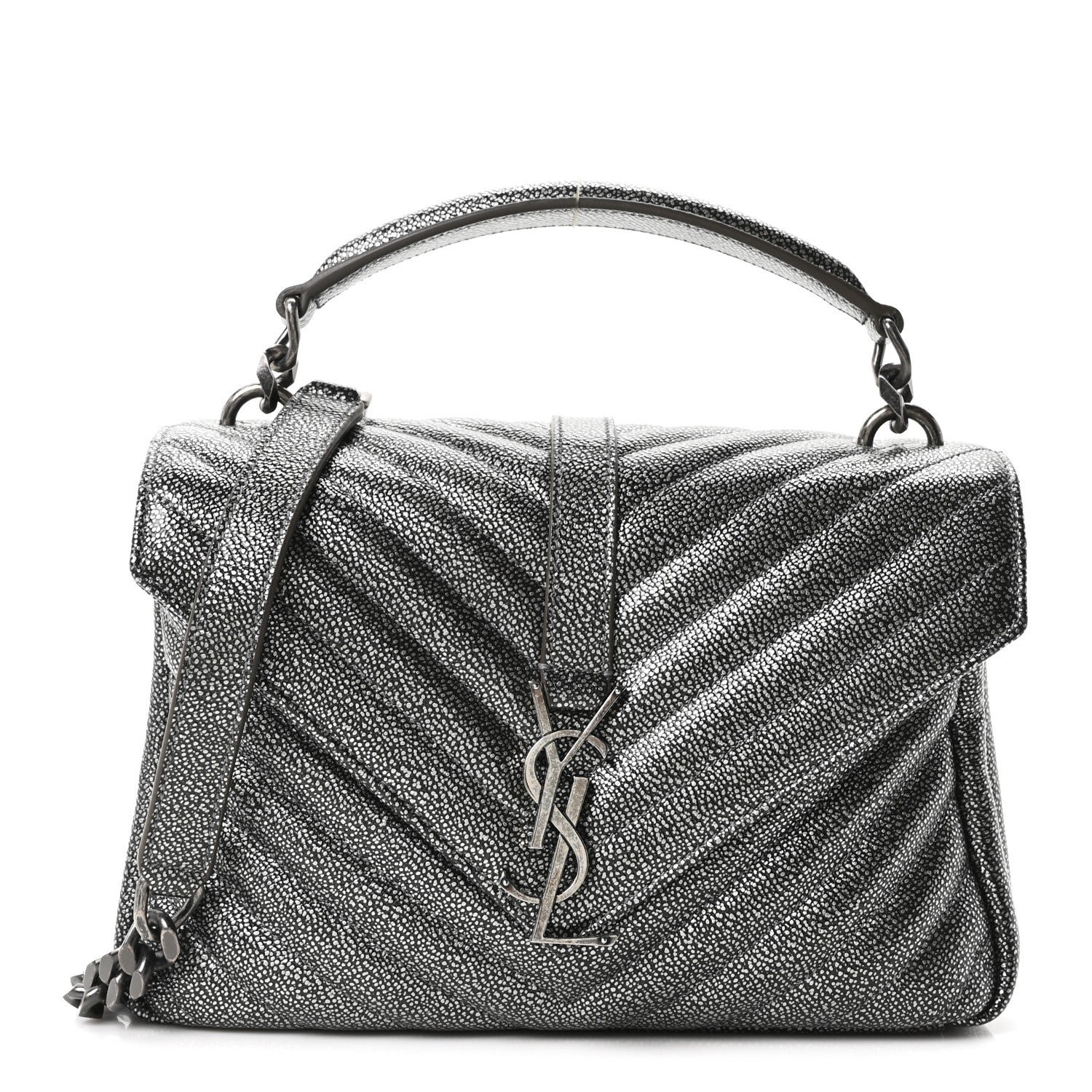 Saint Laurent Metallic Grain De Poudre Matelasse Chevron Monogram Medium College Bag Gunmetal