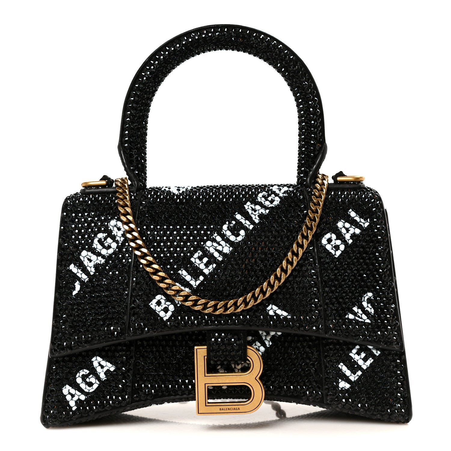 Balenciaga Strass Suede Allover Logo Hourglass Top Handle Bag XS with Chain Black White